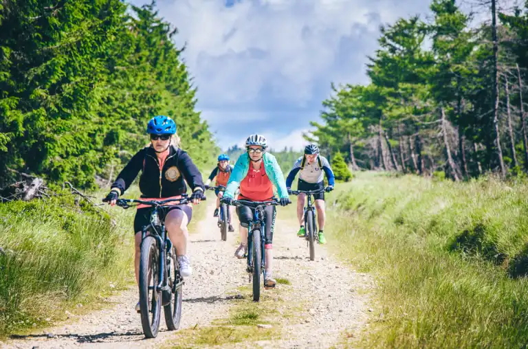 Event z serii Piąty Żywioł Ziemia, przedstawiający uczestników jadących górską trasą wśród drzew.